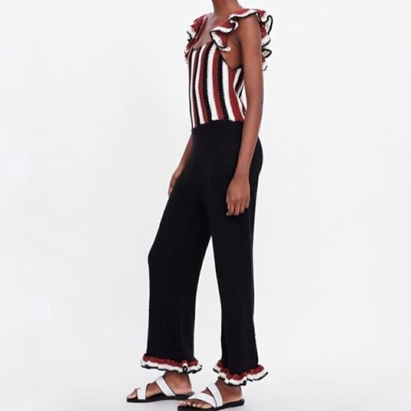 ZARA Striped Black Crochet Ruffle Strap Sleeveless Jumpsuit - S - Picture 7 of 14